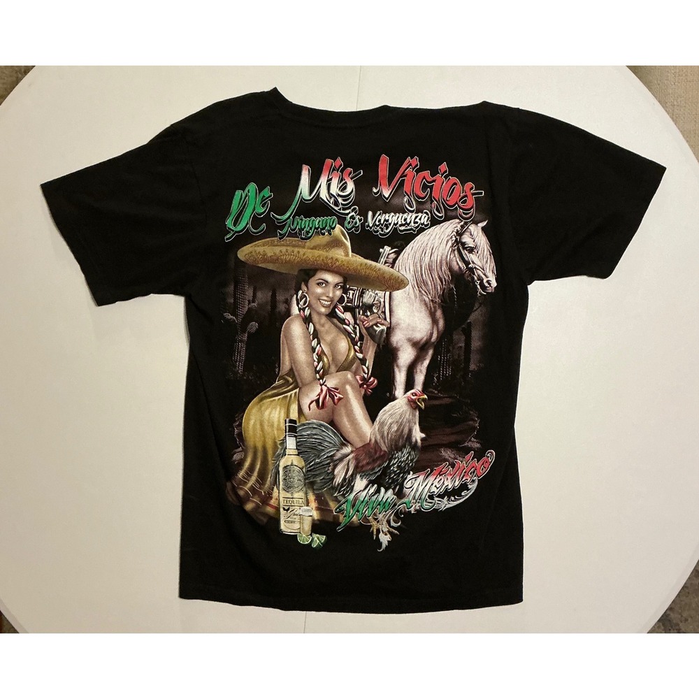 Mexican Baddie Sexy Girl Tequila T-Shirt Mis Vicios Black Rooster Horse Mens L‎